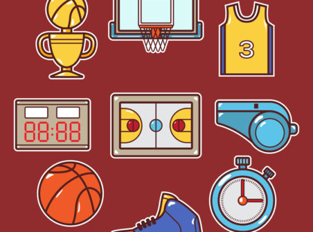 Elementos de baloncesto, canasta, marcador, camiseta, pelota – WebGenio